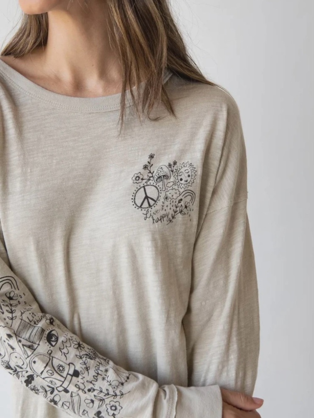 NWT Natural Life Oversized Cotton Doodle Tee Live Happy Long Sleeve Large